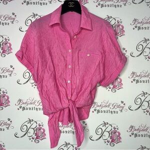 Frnch Paris blouse pink striped tie front bow button down tshirt collared top